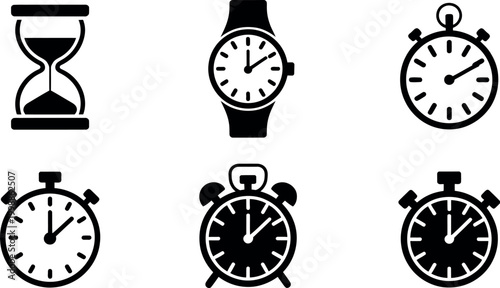 Time icons set vector illustration with hourglass wristwatch and stopwatch isolated on white background simple timekeeping symbols minimal modern design