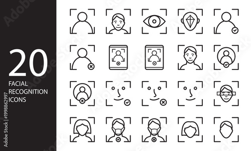 Face identification and recognition related line icon set, element icon for design branding, print, web, mobile app, and digital media
