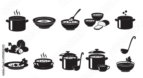 Black and white kitchen utensil icons, cooking pot and pan illustrations, food and drink vector set, culinary symbols