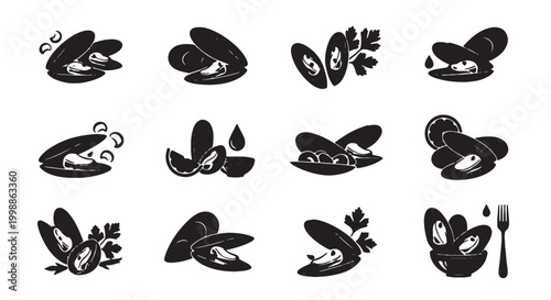 Mushroom icons, black, vector set, 12 illustrations, fungi symbols, food, culinary, edible