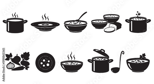 Cooking icons, kitchen utensils, black silhouette symbols, food and drink graphics, 12 pcs