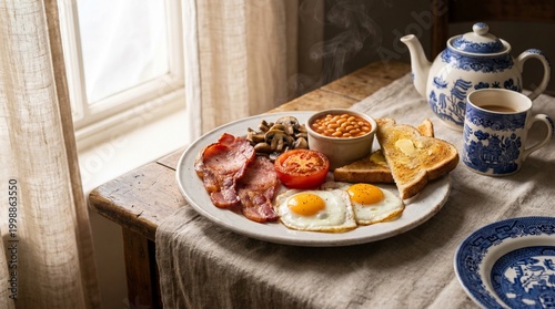 British Uk Food Full English Breakfast with Back Bacon, Fried Eggs, Grilled to