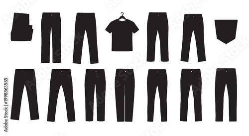 Black clothing icons, pants, shirts, fashion elements, 13 pieces, vector graphics
