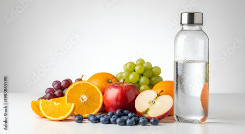 Fresh fruits with vitamin water bottle on wooden surface illustration © MostAbadon