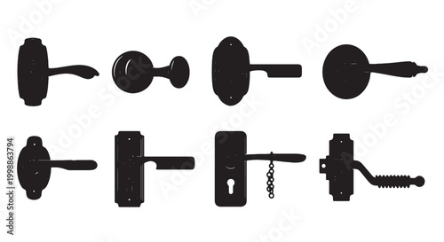 Vintage door handle silhouettes set, antique doorknob and lever collection, 8 black metal hardware icons for interior design and architecture