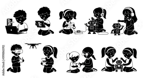 Kids Learning STEM Skills with Technology and Robotics Vector Silhouettes