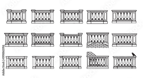 Classical stone balustrade vector set, architectural balcony railing icons, 15 vintage marble fence designs for building exterior and terrace decoration