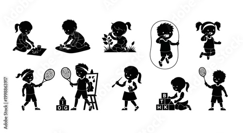 Set of Children Silhouettes Playing Sports and Games
