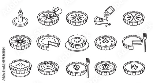 Minimalist pie icon set in thin line style, collection of 15 dessert and tart vector illustrations, black and white bakery pastry outline graphics