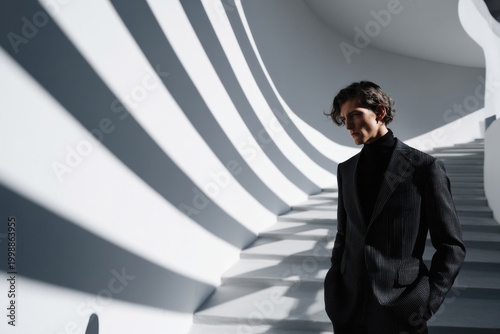 A contemplative man stands in a brightly lit modern staircase, showcasing the interaction between light and shadow in a refined and elegant manner.