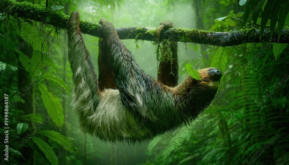 Fototapeta premium A slow-moving sloth hangs suspended from a moss-covered branch in a lush, misty rainforest environment.