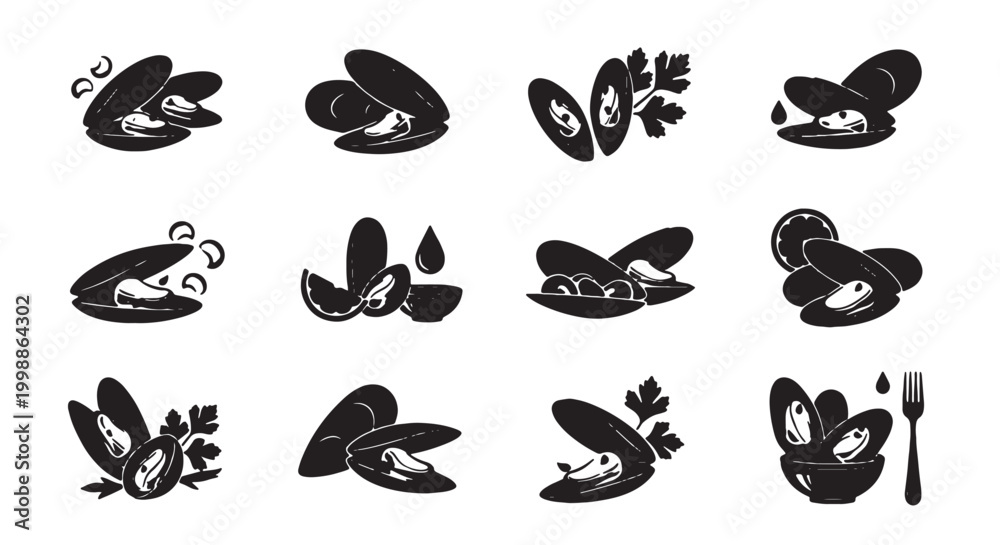 Fototapeta premium Mussel icon set with 12 black silhouettes, seafood shell vector illustrations, gourmet shellfish symbols for restaurant menus and food packaging