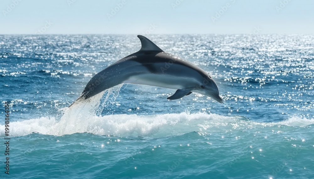 Fototapeta premium A graceful dolphin leaps from the ocean surface, splashing water into the bright sunlight.