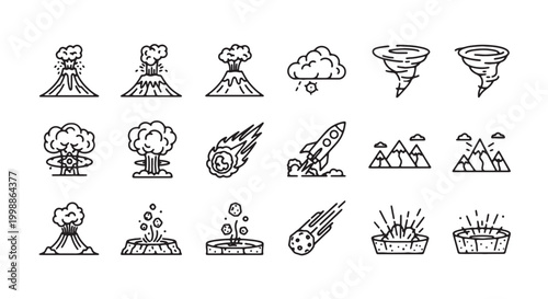 Natural disaster line icons set, 18 vector elements featuring volcano eruption and tornado, meteor strike and nuclear explosion symbols for infographics