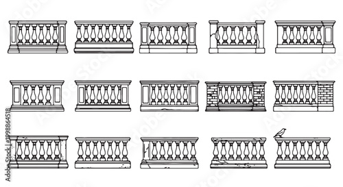 Classical stone balustrade vector set, 15 architectural railing icons, antique marble balcony fence designs, vintage stone parapet line art
