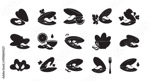 Black mussel icons set, 15 seafood silhouettes with lemon and herbs, gourmet shellfish vector collection for restaurant menus and food branding