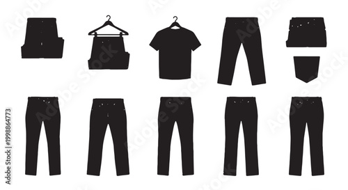 Minimalist clothing silhouettes set, black apparel icons including denim jeans and t-shirt, flat vector fashion garment collection for retail