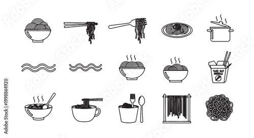 Minimalist noodle and pasta icon set, 15 black and white food vector elements, hand drawn ramen and spaghetti illustrations for restaurant menus