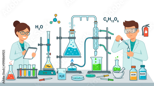 Scientists Conduct Science Research with Equipment and Chemicals on Table