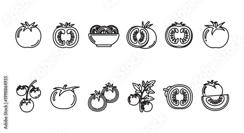 Minimalist tomato icon set, black and white line art vegetable collection, 12 organic tomato vector elements for food branding and recipe design