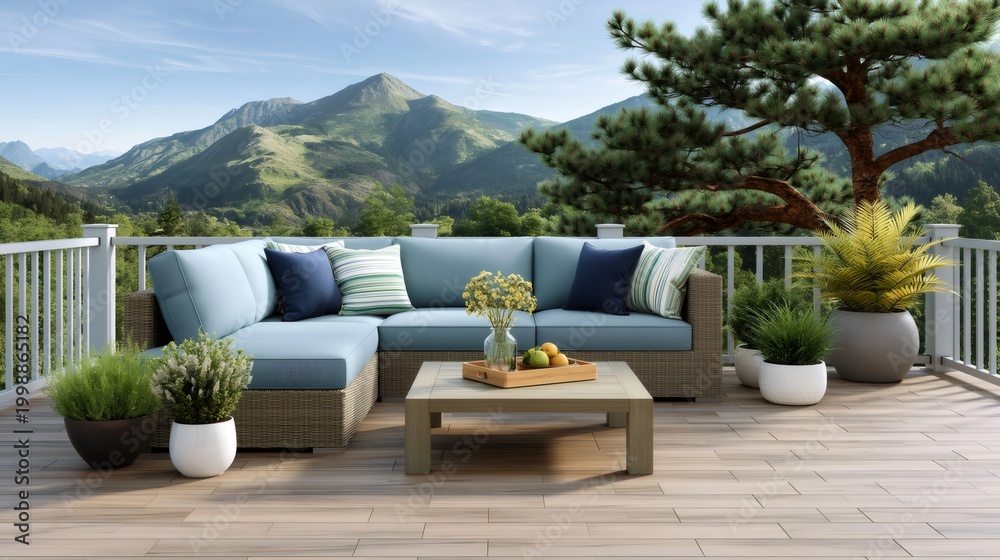 Obraz premium Outdoor living space on deck with mountain view