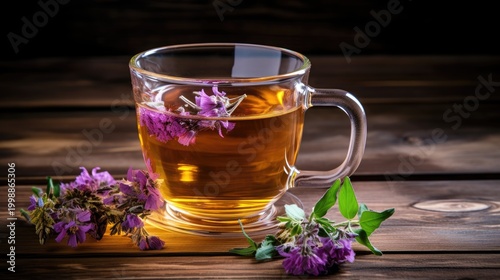 Herbal tea with flower buds nearby. The concept of medicinal drinks, alternative medicine.