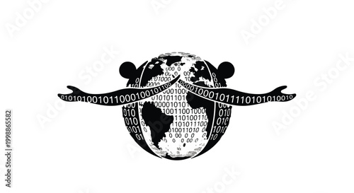 Globe encircled by binary code arms represents global digital connectivity flows.