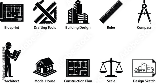 architecture icons set, drafting tools, building design elements