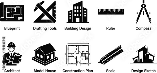 Architecture icons set including blueprint, drafting tools, building design