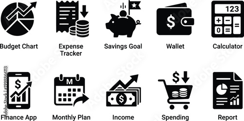 set of finance icons, including budget chart, expense tracker, savings goal, wallet, calculator, finance app, monthly plan, income, spending, report