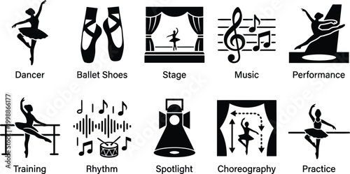 Ballet icons set with dancer, shoes, stage, music and choreography elements