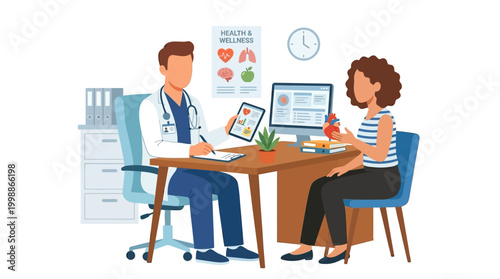 Doctor consulting patient in clinic office with medical records on computer screen