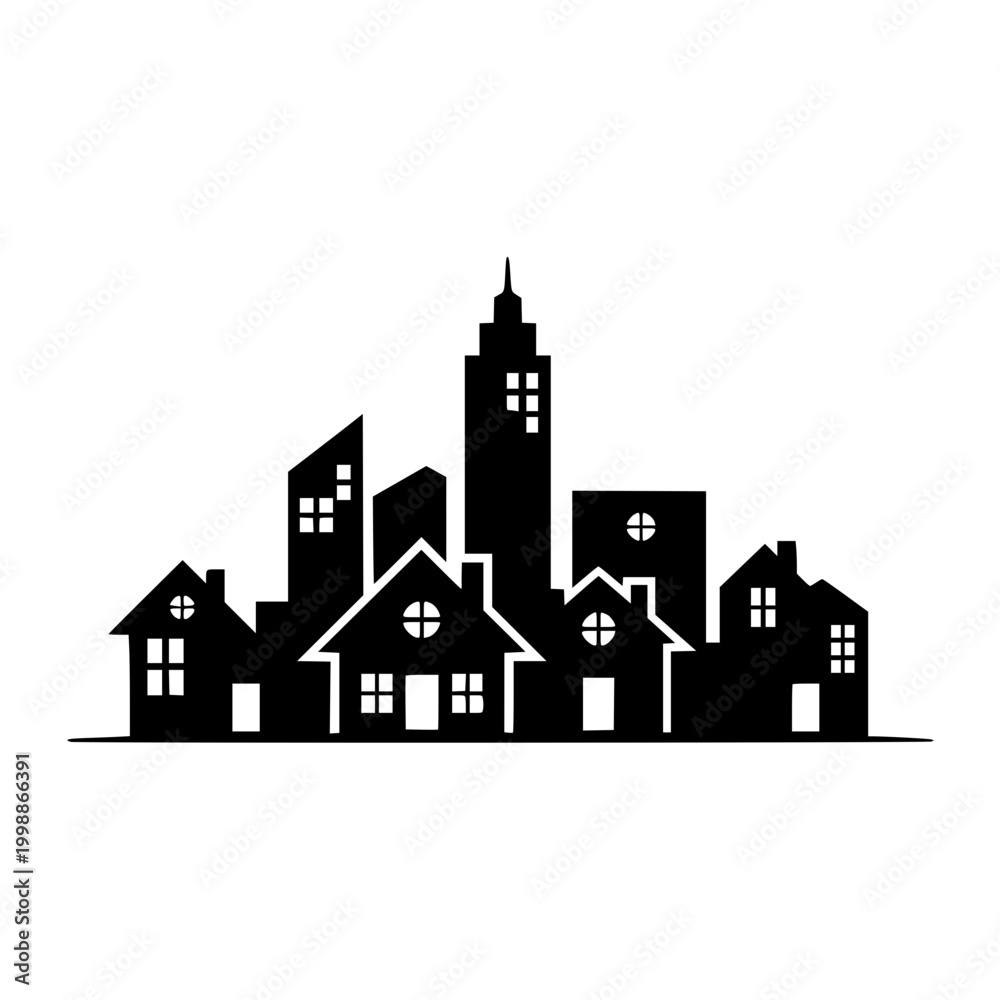 Fototapeta premium Silhouette of City Skyline and Residential Houses Vector Illustration