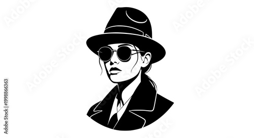 Mysterious Woman in Fedora and Sunglasses Noir Style Vector Illustration