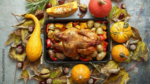 Foto roasted turkey or chicken with thyme served on black baking dish with potatoes p