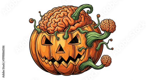 Scary Halloween Pumpkin with Brain Sprouting, Spooky Concept Art