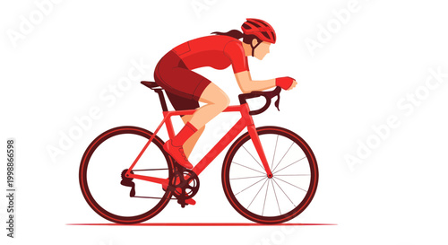Woman cyclist in red racing outfit on a red bicycle, isolated on white background