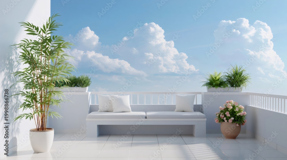 Naklejka premium Sunny balcony terrace with comfortable outdoor seating and plants