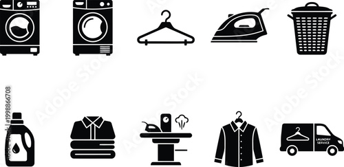 black and white icons of laundry and dry cleaning services