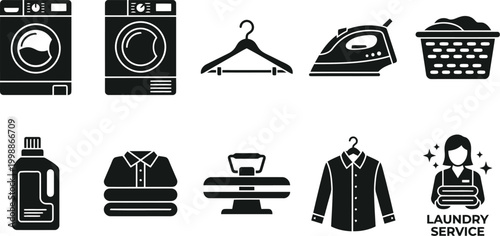 black and white icons of laundry service and equipment