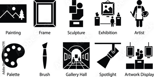 black icons of art and painting tools on white background
