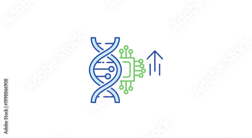 DNA helix and microchip with upward arrow, representing biotechnology and technological advancement