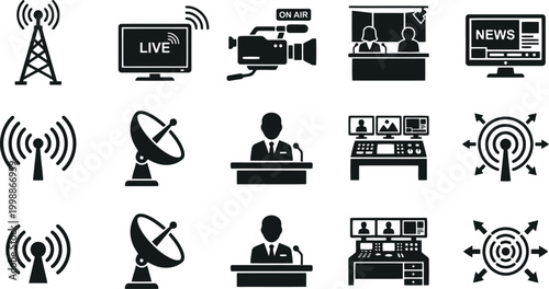 Broadcasting and media icons set, news and communication symbols