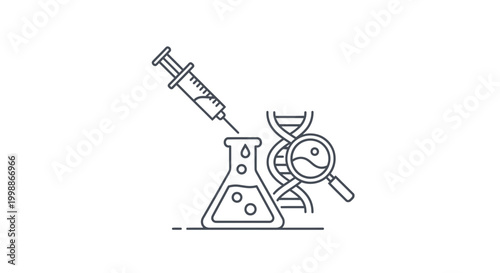 DNA research, gene editing, scientific experiment with syringe, flask, and magnifying glass.