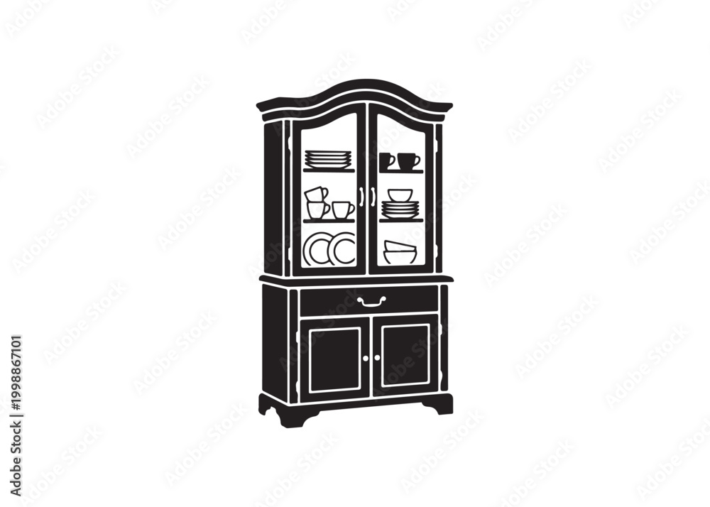 Obraz premium Black and white illustration of a china display cabinet with dishes
