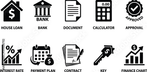 set of finance and banking icons, loan, approval, document
