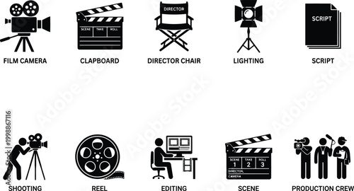 Film production icons set, movie making symbols