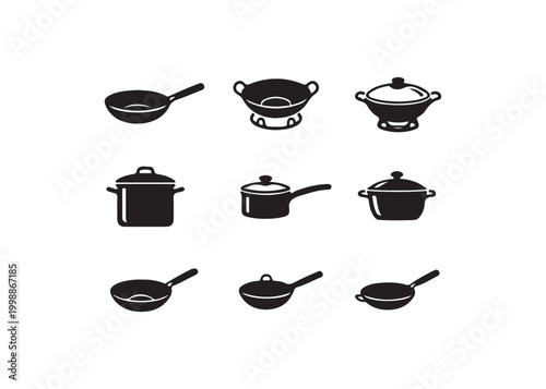 Black silhouettes of various cooking pots and pans on white background