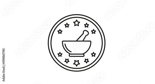 Mortar and Pestle Icon with Stars, Symbol of Pharmacy, Medicine, and Herbalism