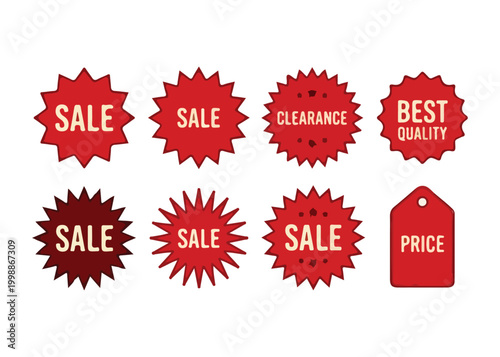 Collection of red sale and clearance stickers on white background